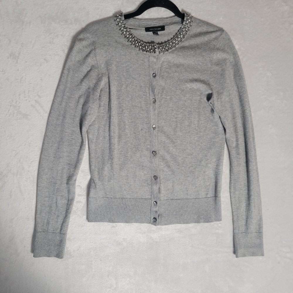Ann Taylor Gray Jewel‎ Collar Cardigan Medium